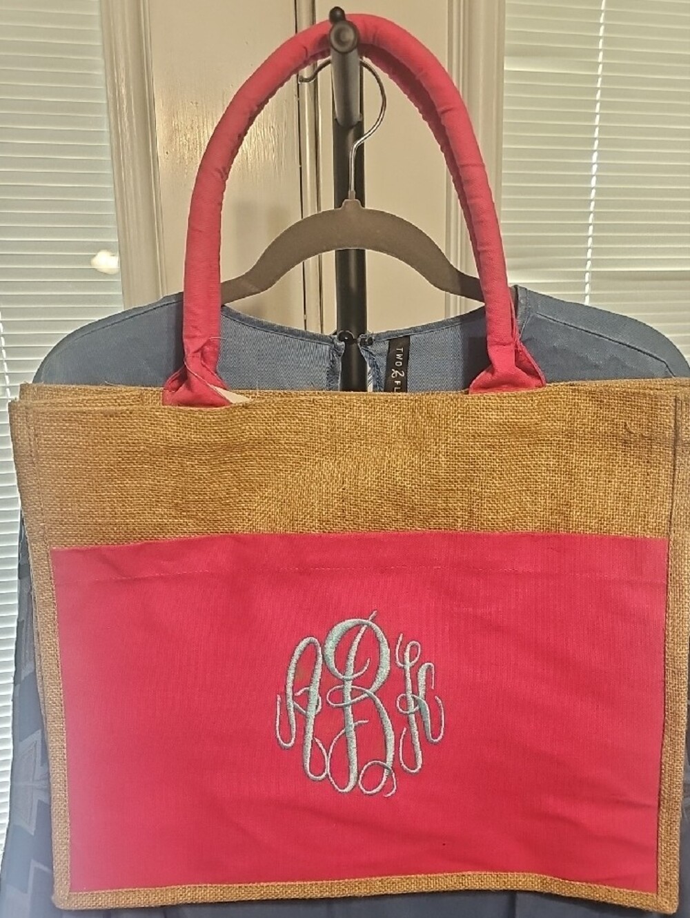 Monogrammed Pink& Natural Burlap Tote Bag - Picture 2 of 3